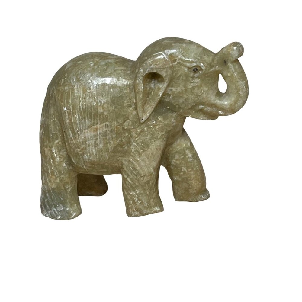 Vintage Chinese Hand-Carved Stone Elephant Trunk Up Beige 3"